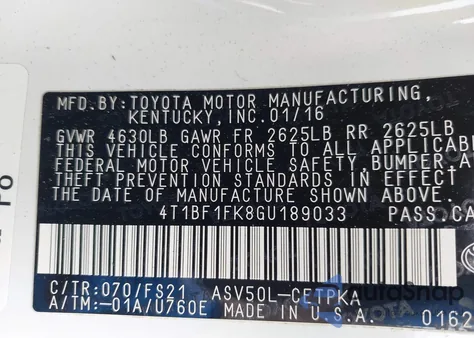 2016 Toyota Camry Se z USA, uszkodzony, nr VIN 4T1BF1FK8GU189033